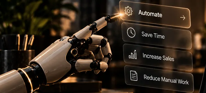 Illustrative robotic hand beside workflow controls in a warm business workspace.
