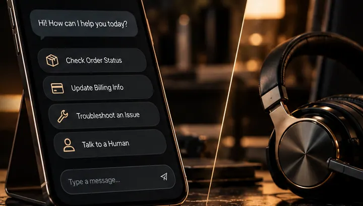 Illustrative customer-support chat interface beside a headset in a dark workspace.