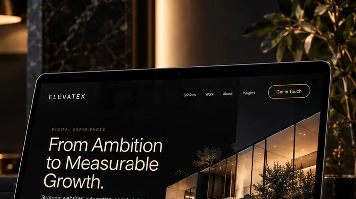 Illustrative ElevateX workspace with a laptop showing a website interface.