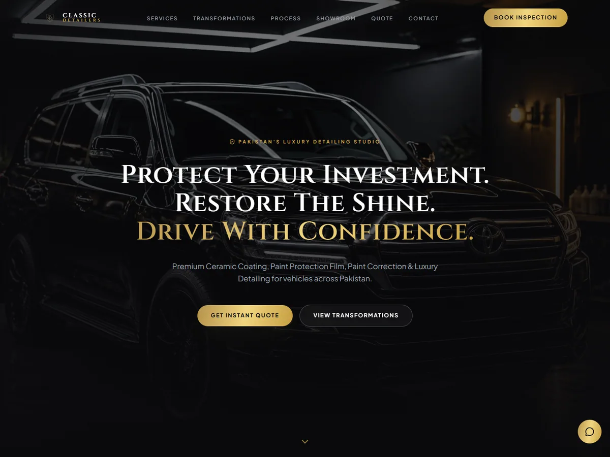 Classic Detailers automotive website concept showing a black SUV and paint protection services.