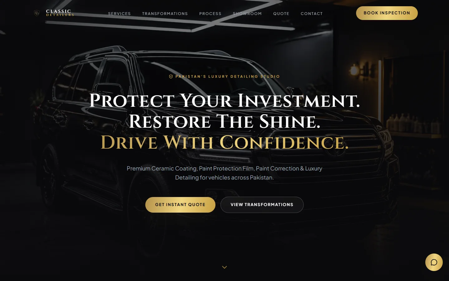 Actual Classic Detailers concept homepage, with Protect Your Investment, Restore The Shine and Drive With Confidence headings and quote and transformation actions.