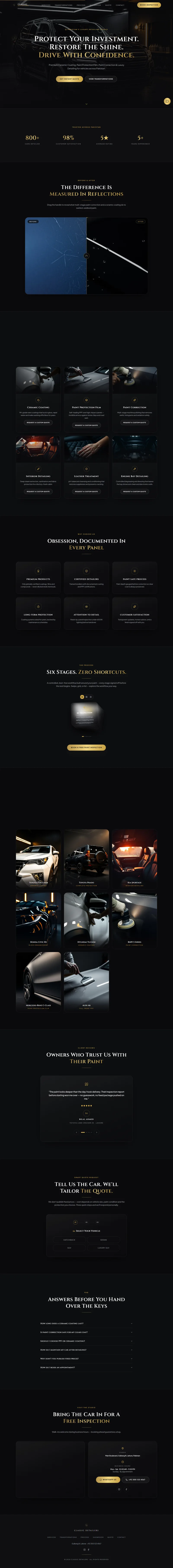 Complete Classic Detailers concept homepage with service, process, gallery and quote sections. Demo business claims are unverified.
