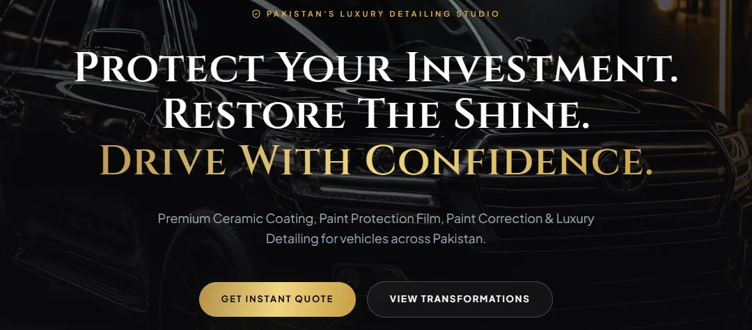 Unmodified crop of the real Classic Detailers hero showing its Cinzel serif headline, supporting copy and quote actions.