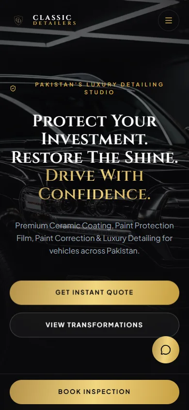 Actual Classic Detailers mobile homepage at 390 pixels, with compact navigation and stacked quote and transformation actions.