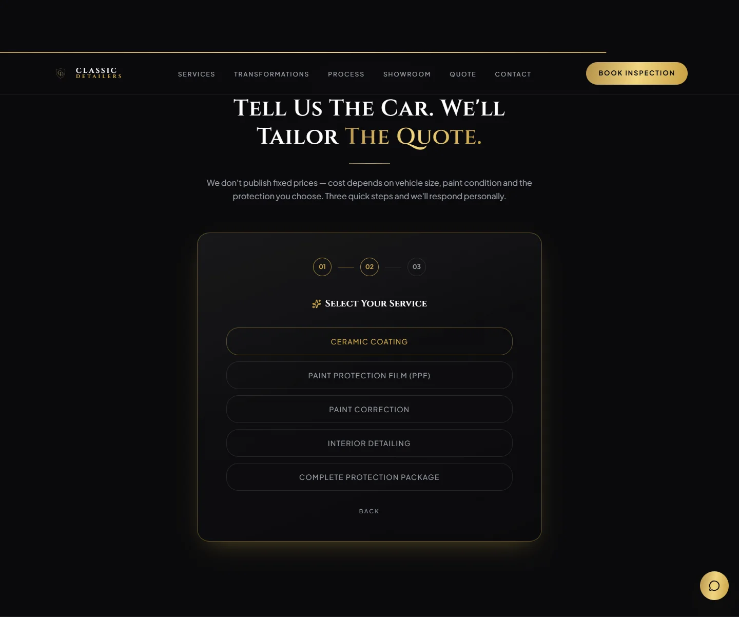 Actual Classic Detailers quote interface after selecting Sedan, showing service choices.