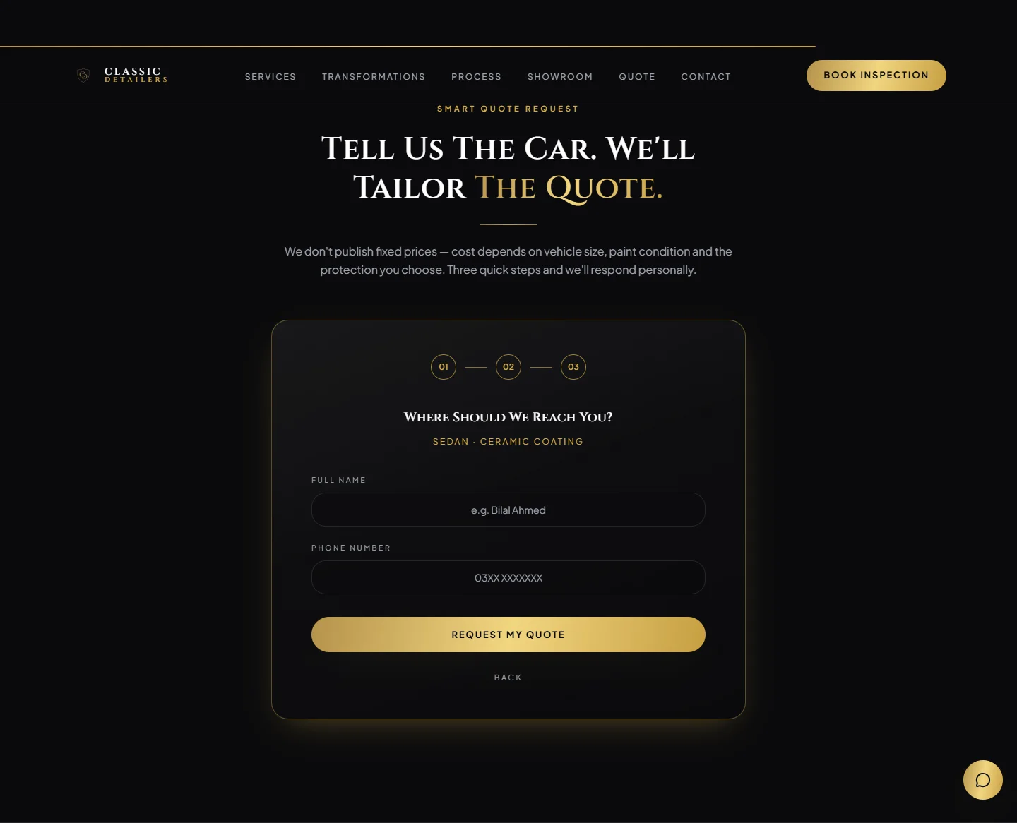 Actual Classic Detailers quote interface at its final step; no contact information was sent.