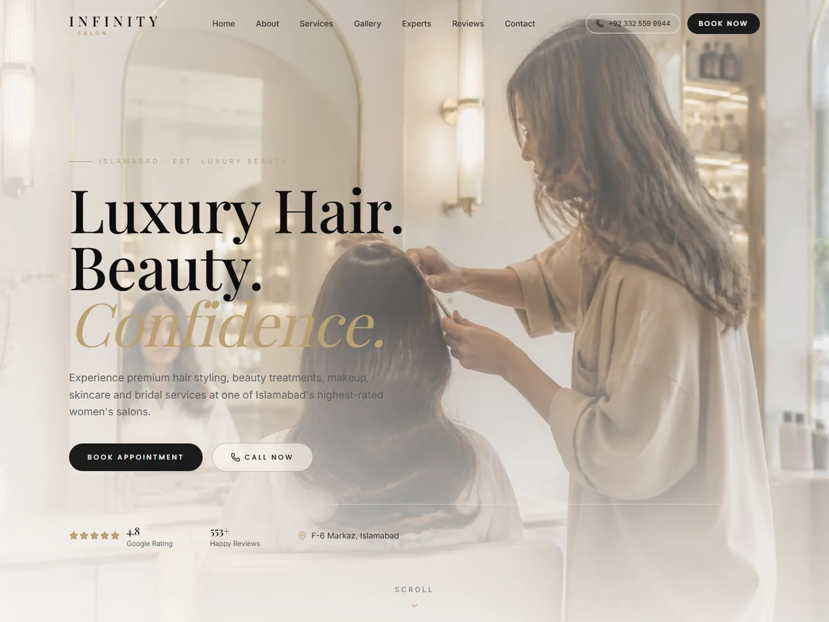 Infinity Salon website concept with warm salon photography and an appointment booking call to action.