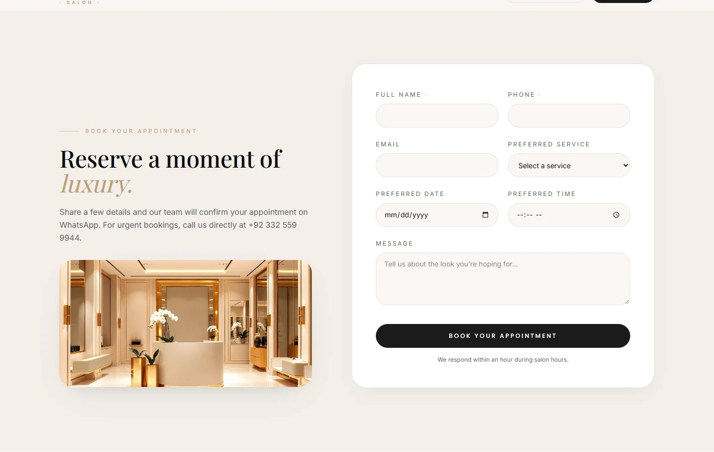 Actual Infinity Salon appointment enquiry interface with service, date, time and contact fields; no enquiry has been submitted.
