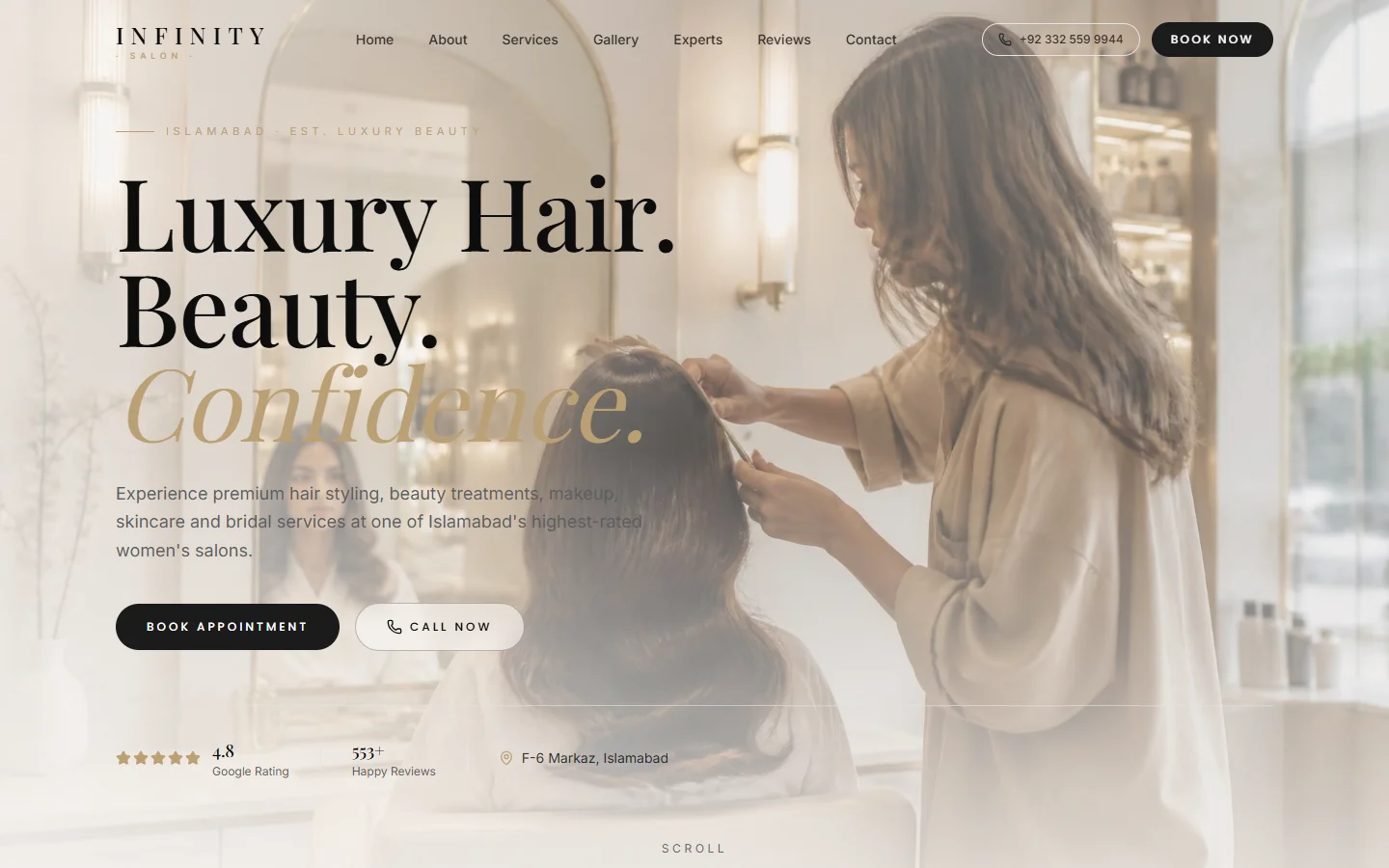 Infinity Salon concept homepage at 1440 pixels, showing the serif Luxury Hair, Beauty, Confidence headline and appointment and call actions.