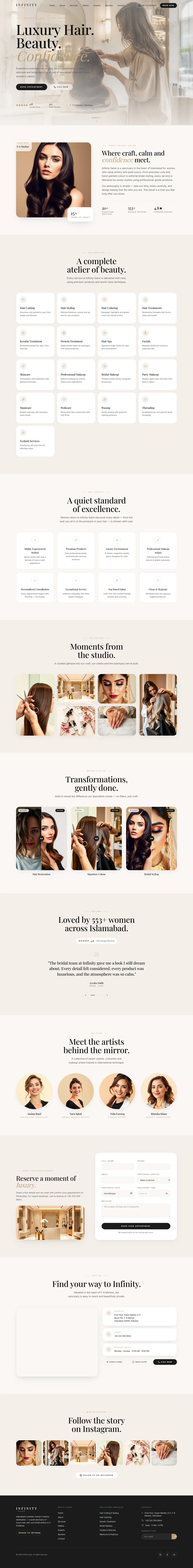 Complete Infinity Salon concept homepage with service descriptions, gallery, appointment enquiry interface and contact section. Demo claims are not verified business results.