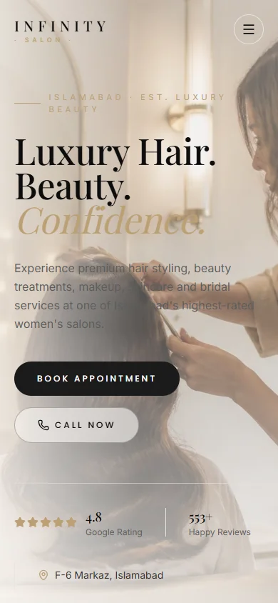 Actual Infinity Salon homepage at a 390 pixel mobile width with a stacked headline and appointment and call actions.