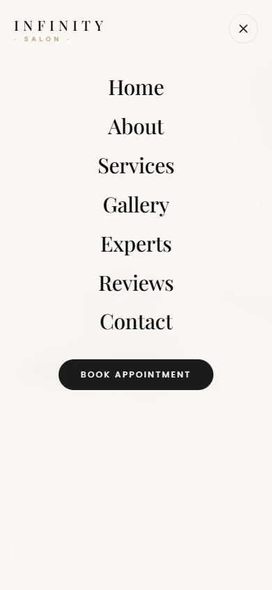 Actual Infinity Salon mobile menu opened, showing seven navigation destinations and an appointment link.