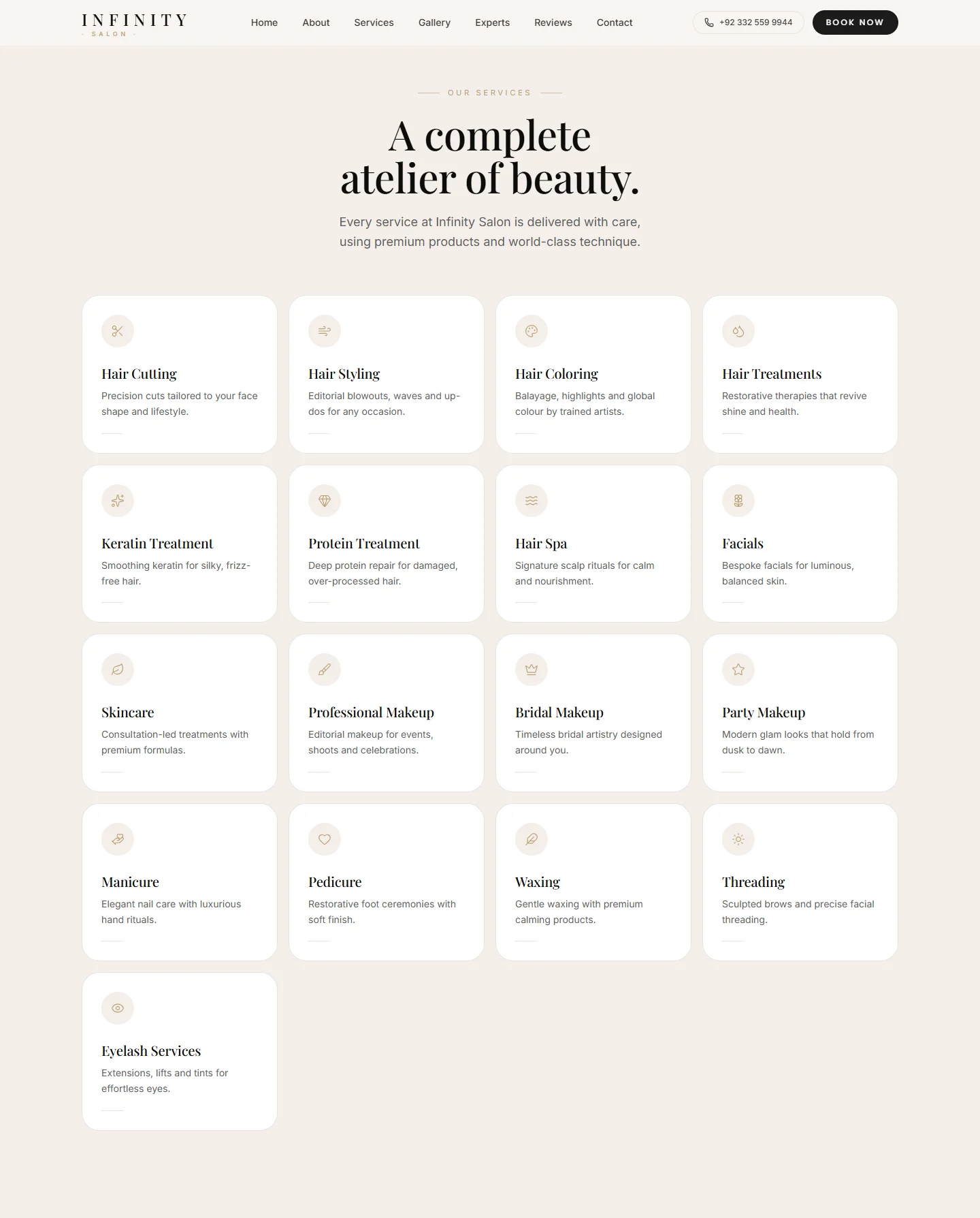 Actual Infinity Salon services section with hair, skincare, makeup and nail treatment descriptions in a four-column desktop layout.