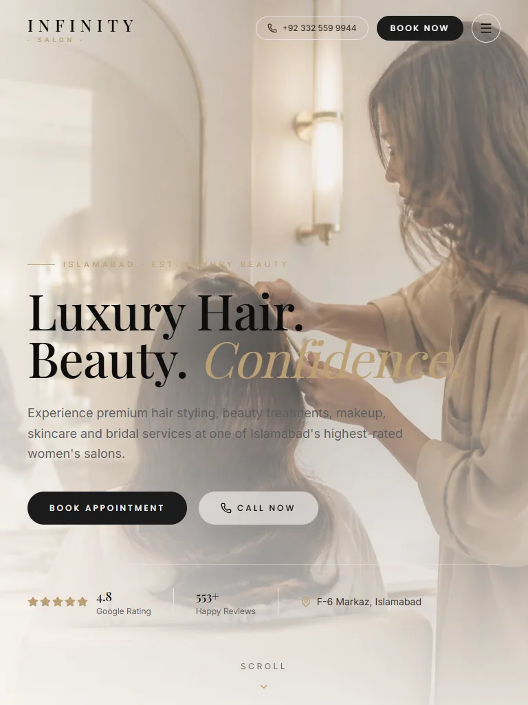 Actual Infinity Salon homepage at a 768 pixel tablet width with compact navigation.