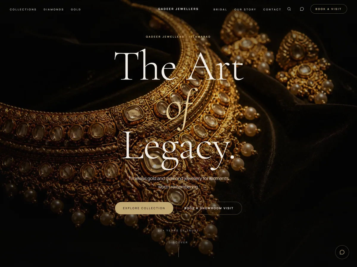 Qadeer Jewellers website concept with gold jewellery photography and The Art of Legacy headline.