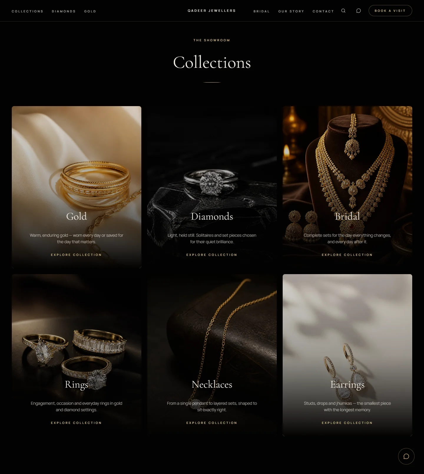 Actual Qadeer Jewellers collection interface showing Gold, Diamonds, Bridal, Rings, Necklaces and Earrings categories.