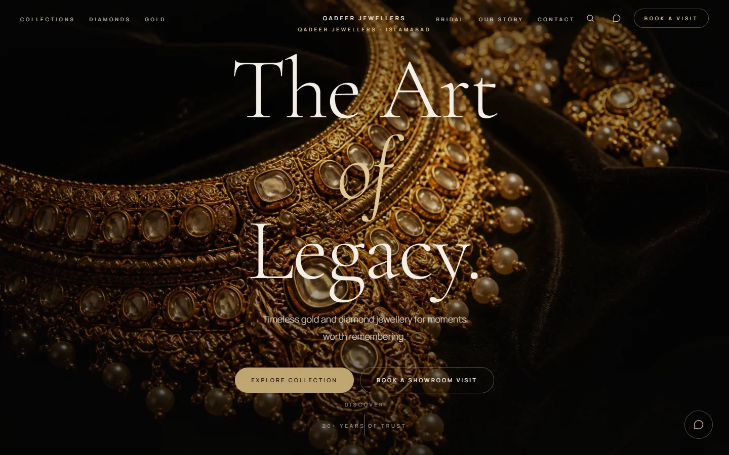 Qadeer Jewellers actual desktop homepage, with The Art of Legacy headline and collection and showroom links.