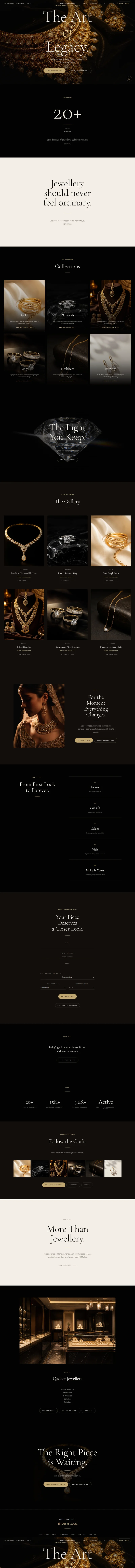 Complete Qadeer Jewellers concept homepage, including collections, imagery, discovery journey and showroom enquiry sections.