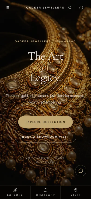Actual Qadeer Jewellers homepage at a 390 pixel mobile width, with stacked actions and a bottom Explore, WhatsApp and Visit bar.