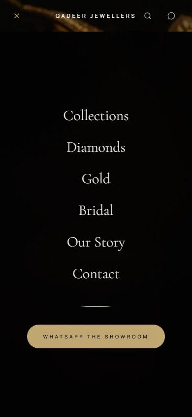 Actual Qadeer Jewellers open mobile menu, with six navigation destinations and a showroom WhatsApp link.