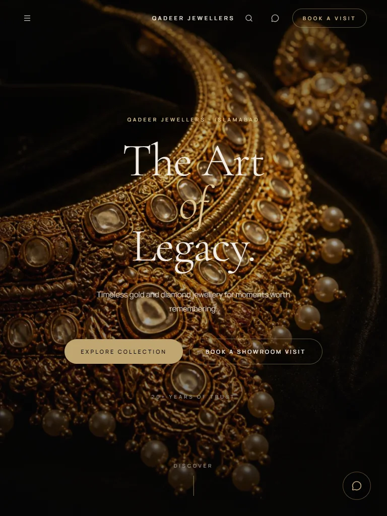 Actual Qadeer Jewellers homepage at a 768 pixel tablet width with compact navigation and jewellery imagery.